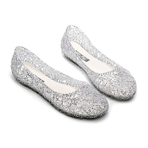 Womens Jelly Sandals, White Jelly Shoes Glitter Flats for Women Size 9, Slip On Summer Ballet Flat Transparent Layered Lines Bird Nest Soft Hollow Out Loafers3