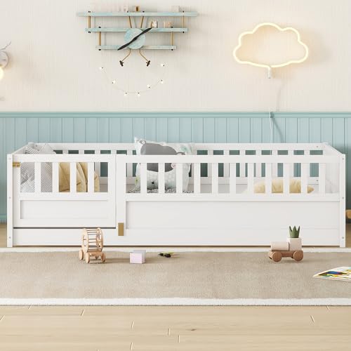 Image of Bellemave Twin Size Kids Montessori Floor Bed with Slats,Solid Wood Floor Bed Frame with High Fence and Door for Kids,Girls,Boys,Twin,White