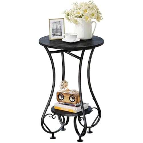 X-cosrack Small Round Side Table,Round End Table for Small Spaces - Black Metal Nightstand with Adjustable Feet,Couch Sofa Coffee Table,Retro Accent Table for Living Room Bedroom Balcony