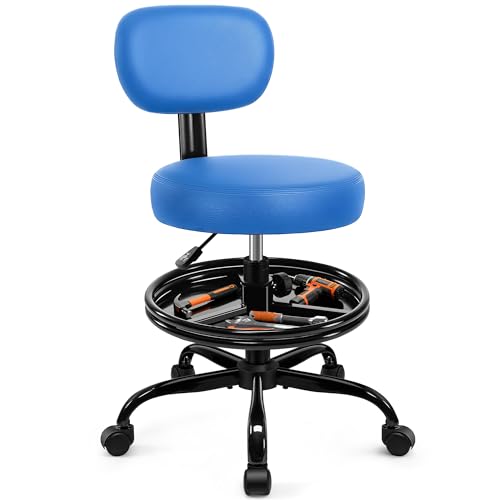 Image of Shop Stool with Wheels for Garage, Mechanics Rolling Chair with Backrest, Adjustable Height Heavy Duty Garage Stool with Footrest and Storage Tray, Swivel Task Chair for Workshop Kitchen Salon (Blue)