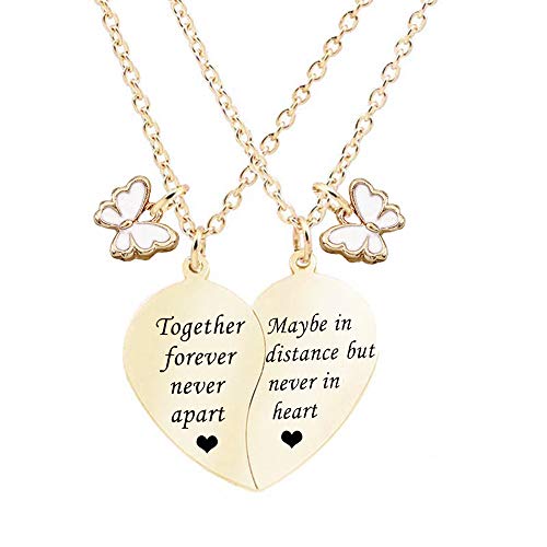 MJARTORIA BFF Necklace for 2-Split Valentine Heart Necklace Together Forever Best Friends Butterfly Pendant Friendship Necklace Set of 2 Gifts for Her (Golden-Together Forever-Butterfly)