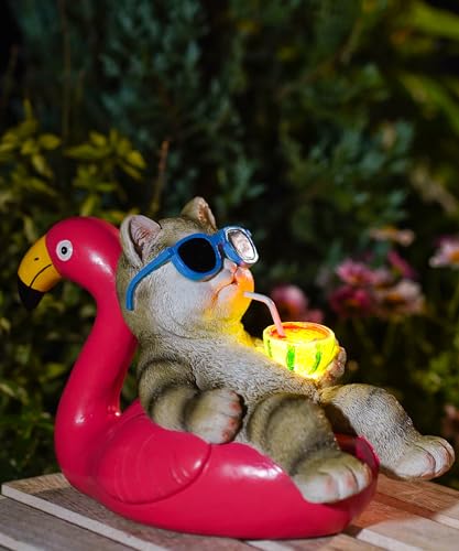 Yeomoo Katzen auf Flamingo-Schwimmring Liegend Figuren Solar Deko für...