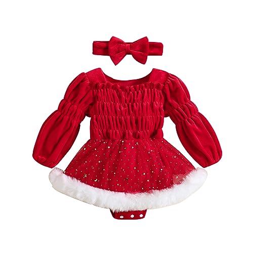Hnyenmcko Newborn Baby Girl Christmas Clothes Infant Red Plaid Romper Dress Ruffle Long Sleeve Ribbed Bodysuit Headband Set (Red-Velvet Romper Dress 03, 6-12 Months)