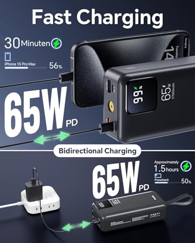 Batterie Externe 65W, Power Bank 27000mAh avec Câbles USB-C et iOS intégrés, Charge Rapide à 4 Ports, Power Bank pour Portable avec Affichage numérique LED pour iPhone, Samsung, MacBook et Plus – Image 4