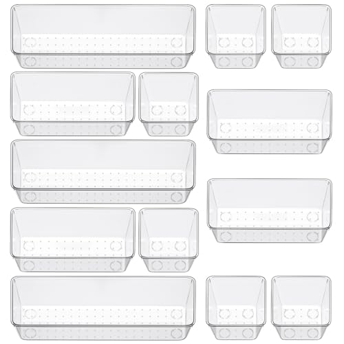 12 Piece Clear Drawer Organizer Set, 3 Sizes Bathroom Vanity Organizer Trays and Storage Bins for Makeup, Cosmetics, Jewelry, and Gadgets. Perfect for Office, Kitchen, Bedroom, Bathroom Use.