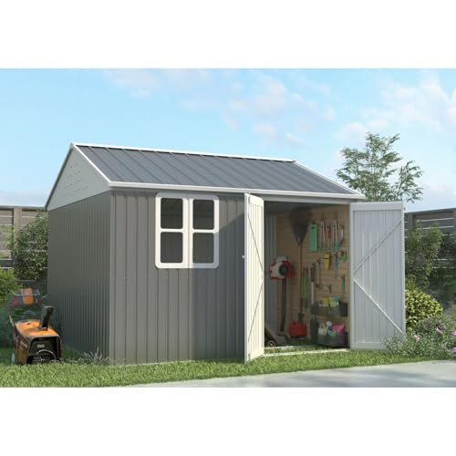 Image of BIRCHTREE Garden Shed Steel Apex Roof House Outdoor Backyard Storage With Lockable Double Doors Window Free Foundation Tool Equipment Organizer Air Vents 10x10FT Grey