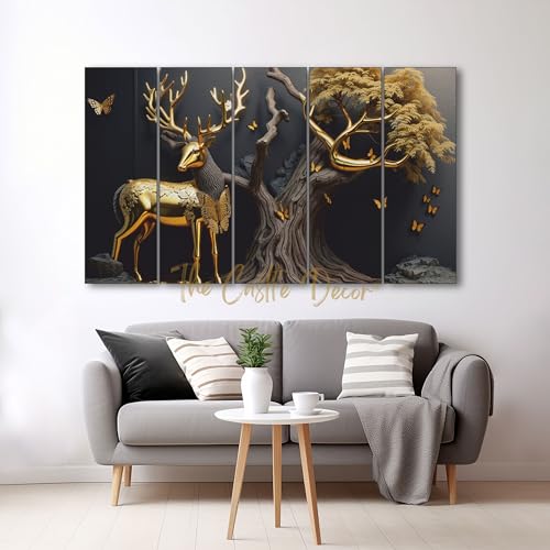 The Castle Decor Golden Deer Wall Painting for Living Room Big Size - Deer Wall Painting for Bedroom, Office, Drawing Room, Hotel - Elegant Wall Decor Art for Home Decoration, Gifting (27x48 inch)