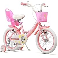 Glerc Maggie 16 Inch Kids Bike for 4 5 6 7 Years Old Little Girls Toddler Bicycles with ith Doll-Seat & Basket & Stabilisers for Gift, Pink & White