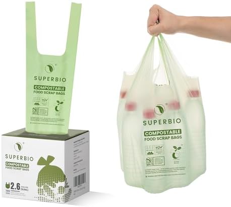 SUPERBIO 2.6 Gallon Compostable Bags with Handles, 100 Count,1 Pack, Food Scrap Bags Certified by BPI and OK compost INDUSTRIAL, 9.84L