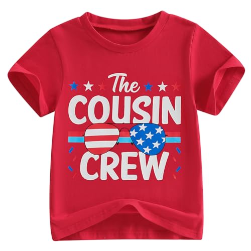 Kids Toddler Boys Girls Cousin Crew 4th of July Shirt USA 250th Anniversary Flag Glasses Patriotic Shirt (Red 4-5 Years)