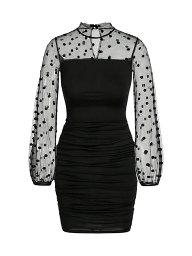 Girl's Polka Dots Mesh Bodycon Dress Bishop Long Sleeve Ruched Pencil Short Dresses