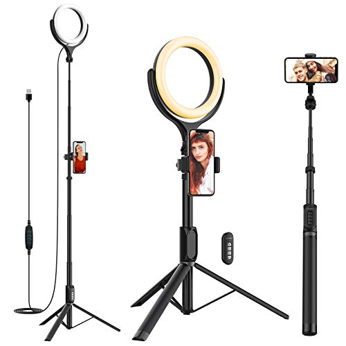 Yoozon Anillo de luz LED con Trípode Ajustable de Palo Selfie 3 en 1 para teléfonos/cámara pequeña, 3 Colores 10 Brillos y Soporte Móvil Giratorio para Youtube,Selfies,transmisión en Vivo,TikTok etc