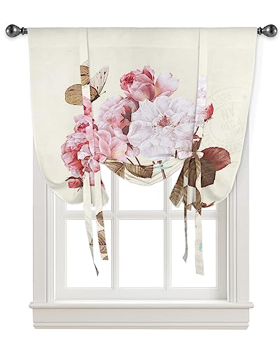 Yukro Tie Up Curtains Window Shades, Vintage Flowers Butterfly Pattern Love Rod Pocket Tie Up Window Shade, Adjustable Balloon Curtain Shade for Blinds Kitchen Bathroom, 1 Panel, 46