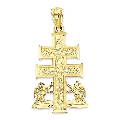 Golden Fire Solid 14k Gold Caravaca Crucifix Pendant for Necklace