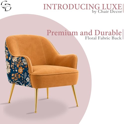 Image of Accent Chair with Ottoman | Modern Velvet Lounge Chair with Floral Designer Back | Upholstered Armchair for Living Room, Bedroom & Cafe | Golden Legs (Light Brown Floral)