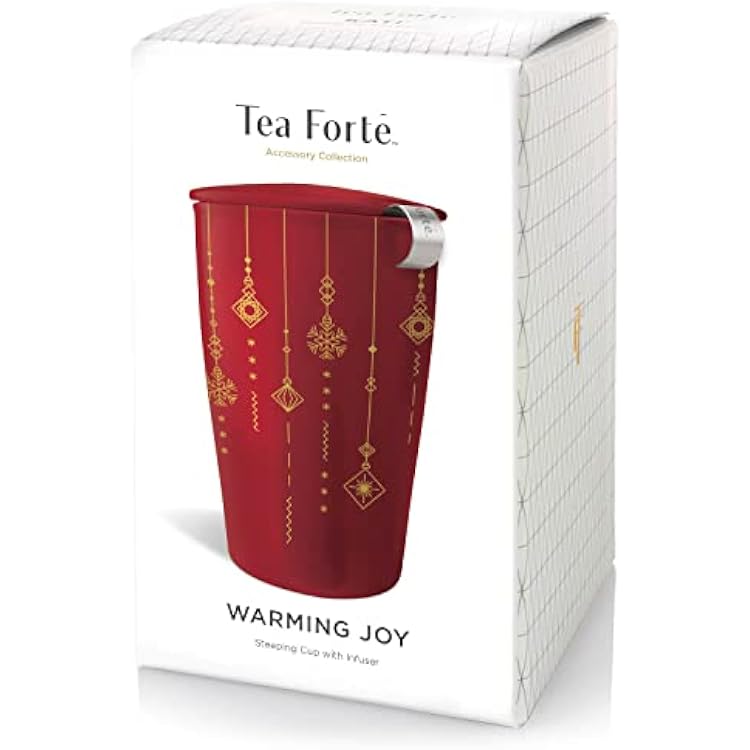Tea Forte Warming Joy Kati Cup, Ceramic Loose Leaf Tea Infuser Cup with Basket and Lid, 12oz Double Walled Tumbler with Stainless Steel Influser and Gift Box
