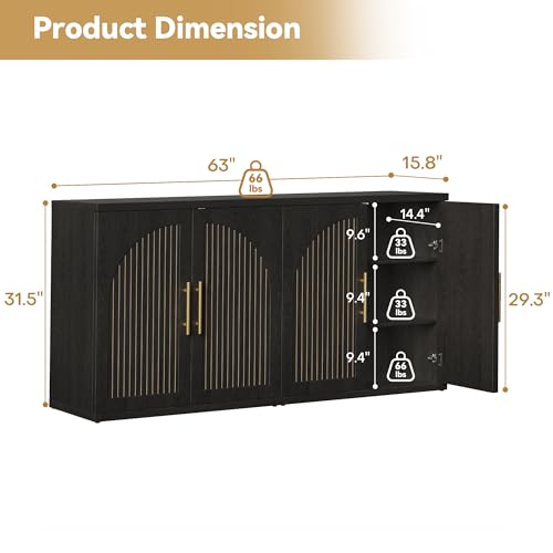 Image of 63 inch Buffet Cabinet, Fluted Sideboard Cabinet with Storage, Wood Black