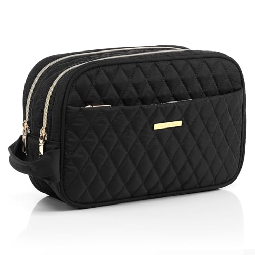 Vlando-Kosmetiktasche-Reise Kulturtasche-Damen Kulturbeutel-Herren Make-Up-Organzier Groß mit 3 Fächern, Portable Make Up Tasche für Mädchen, Frauen Kosmetikkoffer Klein Schwarz