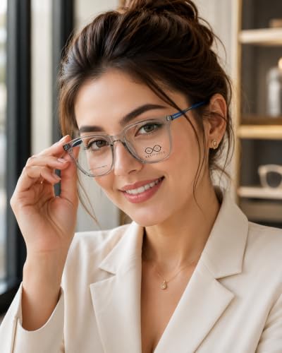 Image of Soft Square Optical Eyeglass Frame for Men & Women, Front with Metal Temples, Clear Demo Lenses, Lightweight Mixed Material Frame, Ribbed Temple Design for Prescription Lens Replacement