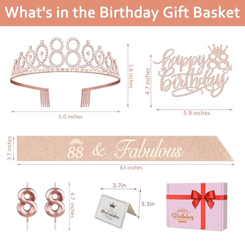 88th Birthday Decorations for Women, Including Birthday Sash and Tiara, Cake Topper and Number Candles, 88 Year Old Gifts for Women