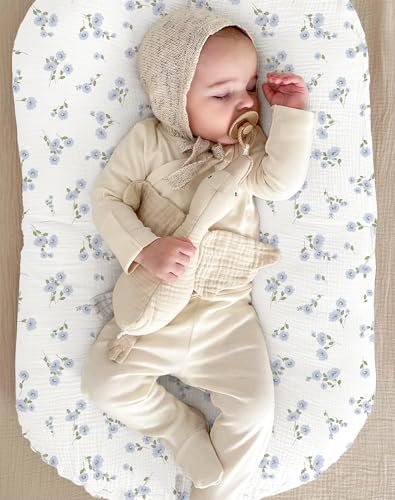 Image of Muslin Baby Lounger Cover 2 Pack, Soft Breathable Newborn Lounger Pillow Cover for Boys Girls Infant (Bluebell Bloom)
