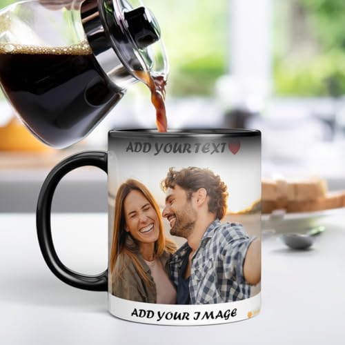Personalized Magic Mug – Custom Photo, Text, Logo | Heat Sensitive Color Changing Mug | Unique Gift for Birthday, Anniversary, Valentine’s Day | 325ML Black Ceramic Cup
