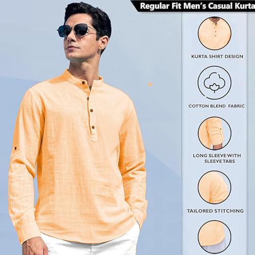 Image of Beige Color Cotton Blend Mandarin Neck Short Kurta Straight Kurta for Men (S)
