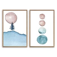 SIGNWIN Framed Canvas Print Wall Art Blue, Green, Brown Tree and Lunar Eclipse Nature Forest Watercolor Minimalism Modern Relax/Calm for Living Room, Bedroom, Office - 16