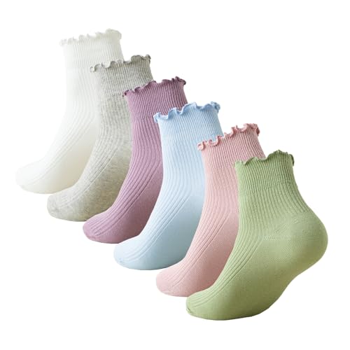 Women's 6 Pairs Cute Ruffle Ankle Socks - Breathable Cotton Turn-Cuff Design for Casual/Daily Wear (Sizes 5-9)