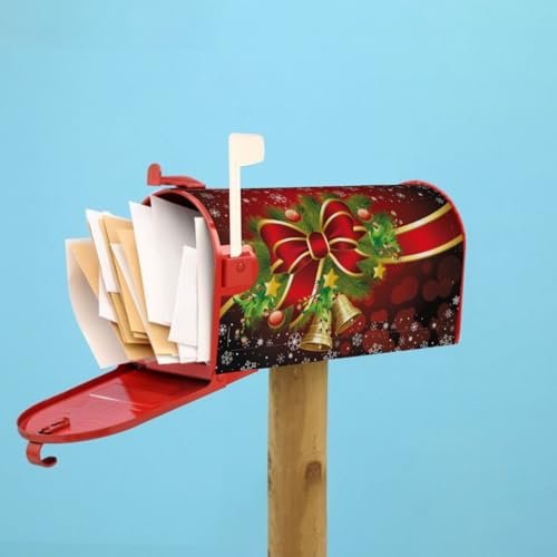 Image of Christmas Bow Bell Red Mailbox Covers Magnetic Mailbox Wraps Post Letter Box Cover Standard Oversize 21 inchX18 inch /25.5 inch X 21 inch Mailwrap Garden Home Decor