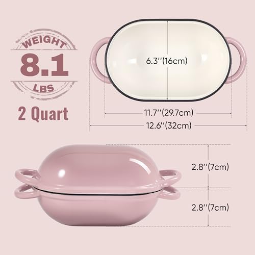 2 QT Oval Dutch Oven for Bread Baking, Enamelled Cast Iron Bread Oven for Sourdough, Sourdough Loaf Pan with Lid, Heavy-Duty Non Stick Bread Pan for Homemade Bread Baking, Pink - Thumbnail 5