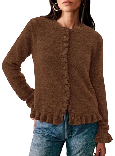 PRETTYGARDEN Womens Fall Button Down Cardigans Chunky Knit Ruffle Open Front Cropped Cardigan Sweaters Soft Long Sleeve Tops