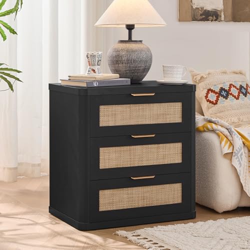 Image of LEYAOYAO Rattan Night Stand Set of 2 with Drawers, 23 inch Large 3 Drawer Boho Nightstand, Natural Wood Bedside Table Storage Cabinet, Bed Side End Tables Dresser for Bedroom, Living Room, Hallway, Closet