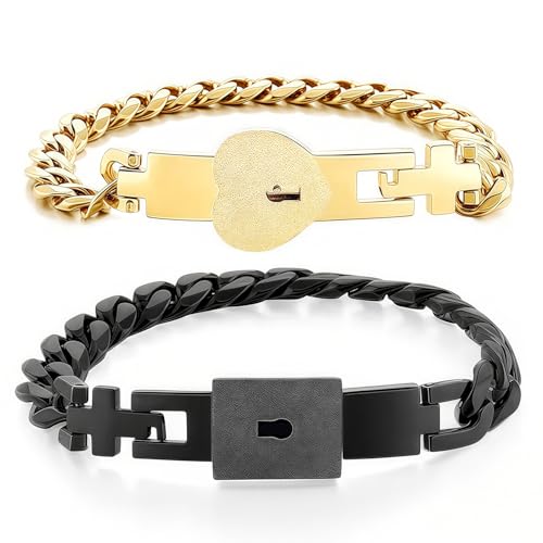 MIFXI 2 Sets Couples Matching His and Hers Gold Plated Heart Lock Key Bracelets (Black Golden Bracelet)