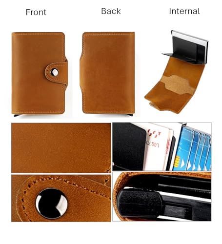 Genuine Leather Front Pocket Wallet Card Holder for Men with Snap Closure, Metal Pop Up Card Holder Case, Crazy Horse Leather Minimalist RFID Blocking (Dark Red)4