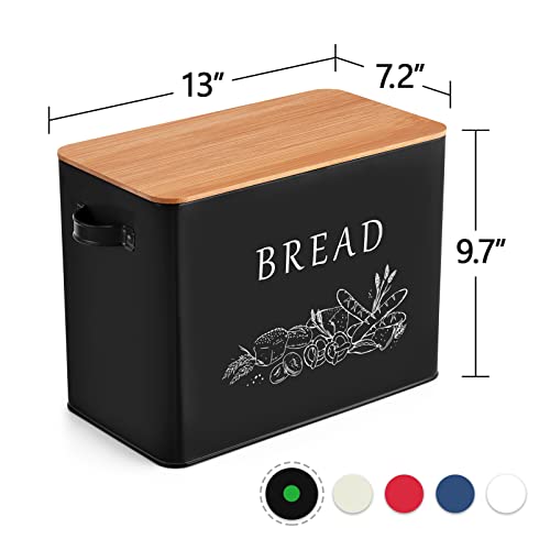 P&P Chef Black Bread Box For Kitchen Counter, Metal Bread Storage Bin With Bamboo Cutting Lid, Large Capacity For Holding 2+ Loaves, Retro Modern Style, Size 13” X 7.2” X 9.7” #TOP1