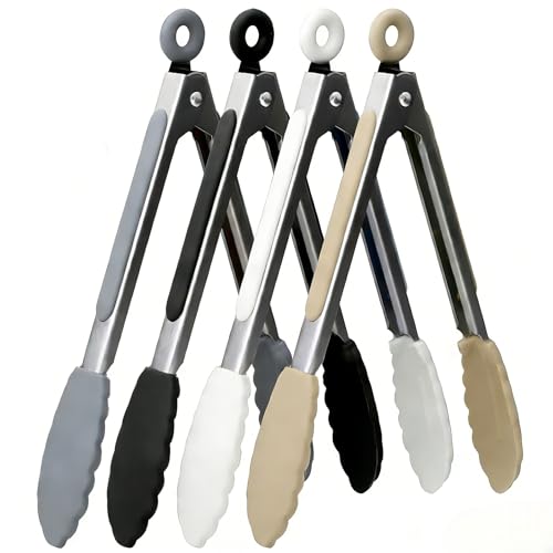 ZHIYE 7 Kitchen Tongs 4 Pcs Silicone Tongs Non-Slip Stainless Steel Clip with Locking Clip for Food Cooking BBQ Serving Salad Ice Heat Resistant Food Grade