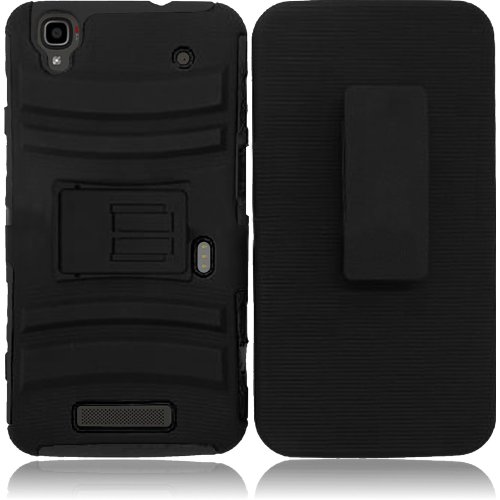 HRWIRELESS(TM) for ZTE Max N9520 Max + N9521 Cover Case (Sidestand Holster Black/Black) Armor Heavy Duty Hybrid Premium Quality Cover