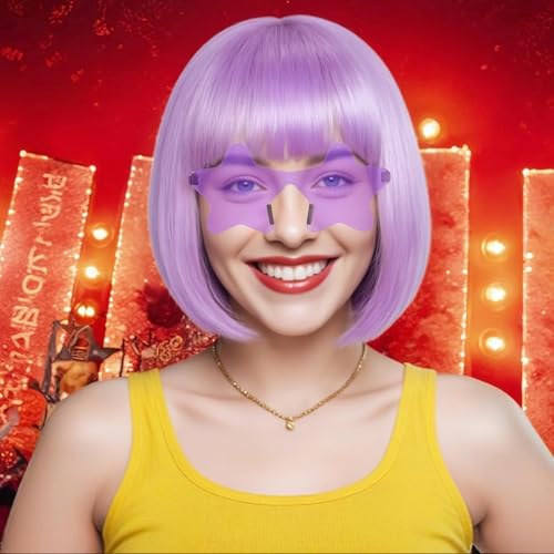 Image of ANOGOL Light Purple Bob Wig with Bangs Purple Wigs for Women Colored Wigs | Hair Cap+Sunglasses Short Neon Wig for Bachelorette Party Funny Outfit for Women Halloween Costume Night Club Crazy Hair Day