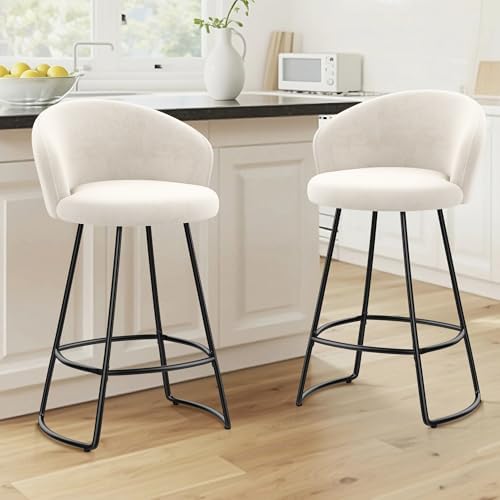 Velvet Bar Stools Set of 2, 30" Upholstered Barstools Modern Bar Stools with Back, Bar Height Bar Chairs with Metal Legs, Footrest, Ivory