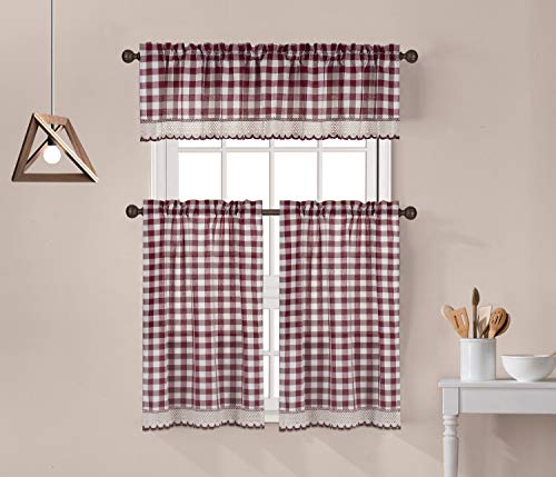 Decotex 3 Piece Buffalo Check Plaid Gingham Crochet Lace Trimmed Kitchen Window Curtain Tiers & Valance Set (24" Tiers With 14" Valance, Burgundy/Beige) #TOP9