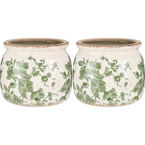 Ninehaoou 2 Pcs Vintage Planter Large Ceramic Plants Pot Beige Green Vintage Floral Ice Crack Cottage Scroll Vase Flower Vase Pot Indoor Plants Home Kitchen Decor Farmhouse Antique Decorative Gifts