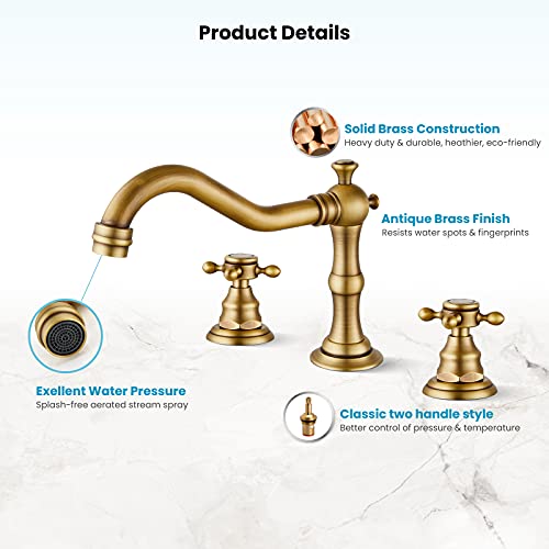 Gotonovo Widespread Bathroom Faucet Double Handle Mixer Tap For Bathroom Antique Brass Three Hole Deck Mount Hot Cold Water Matching Pop Up Drain With Overflow thumb #8
