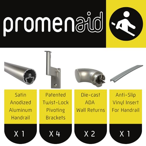 Promenaid 8 ft. Handrail Kit - Complete Indoor/Outdoor Hand Rail Kit for Steps – Champagne Anodized Aluminum with 4 Matte Nickel Wall Brackets and ADA Returns – 1.6” Round – Overall Length: 95"
