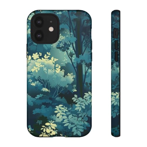 Coque rigide brillante motif feuillage de forêt lumineux iPhone 12 vert protection chic