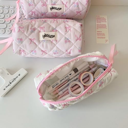 Image of Carry bloom Pencil Pouch Cute Pencil Case for Girls Aesthetic Pencil Bag with Zipper Pen Cases School Supplies Makeup Bag (bow flower pink)