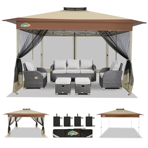 Image of COBIZI 13x13 FT Pop up Gazebo on Clearance - Outdoor pop up Canopy Tent,carpas para Patio, Shelter - Screen Tents with Portable Carry Bag, Patio Gazebos for Camping,Garden,Deck,Backyard,Khaki