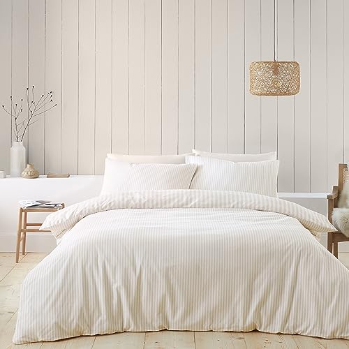 Catherine Lansfield Brushed Cotton Stripe Reversible King Duvet Cover Set including Pillowcases Natural, King (U.K. Standard) - Image 2