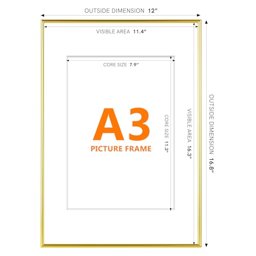 Image of Homso A3 Gold Picture Frame, Metal Thin Board A3 Frames with Acrylic Plexiglass for Pictures A4 with Mat or 11.7 x 16.5 without Mat for Horizontal and Vertical