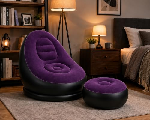 Image of Inflatable Air Sofa Chair with Ottoman & Automatic Electric Pump, Portable Flocked Blow Up Lounge Chair for Living Room, Bedroom, Camping & Outdoor Use (Purple)